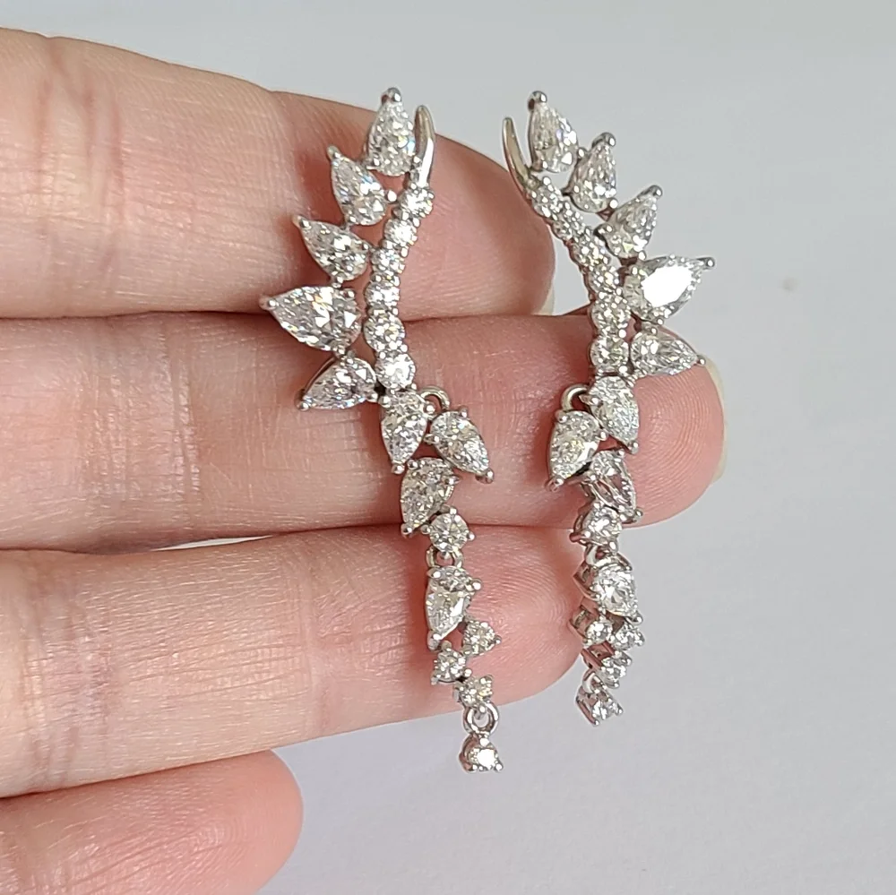 Sterling Silver Crystal Leaf Half Ear Drop Dangle Evening Cocktail Earrings - Picture 7 of 11